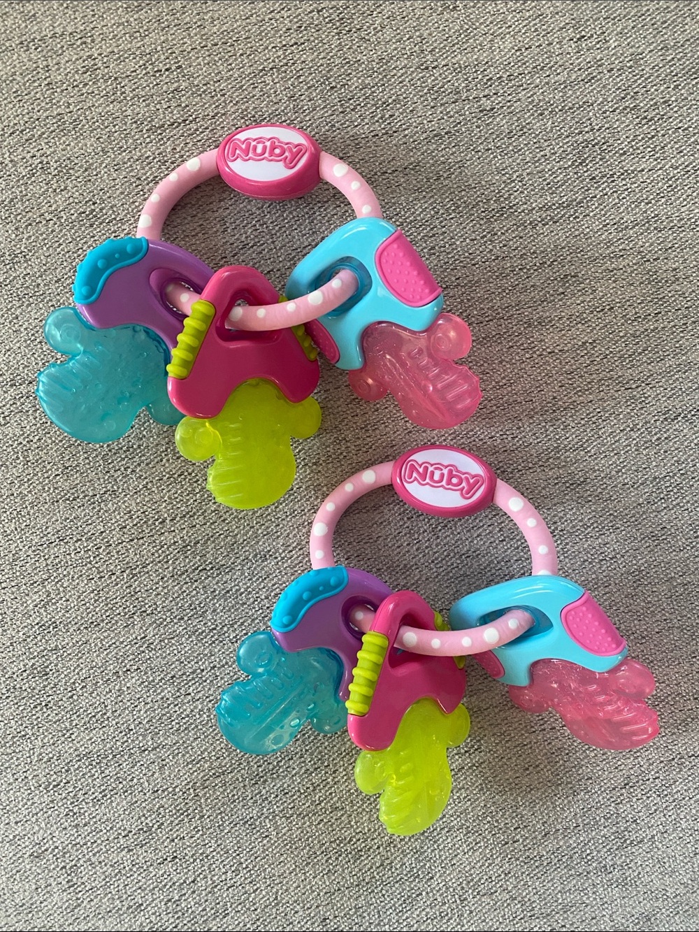 Set of Two Nuby Baby Teether Key Rings - Pink, Blue, Green